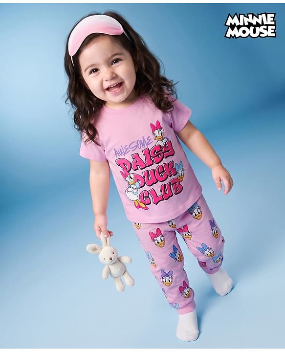 Babyhug Disney Single Jersey Knit Half Sleeves T-Shirt & Pyjama Night Suit with Daisy Duck Graphics - Pink