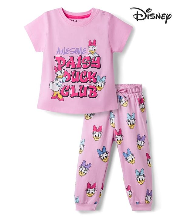 Babyhug Disney Single Jersey Knit Half Sleeves T-Shirt & Pyjama Night Suit with Daisy Duck Graphics - Pink