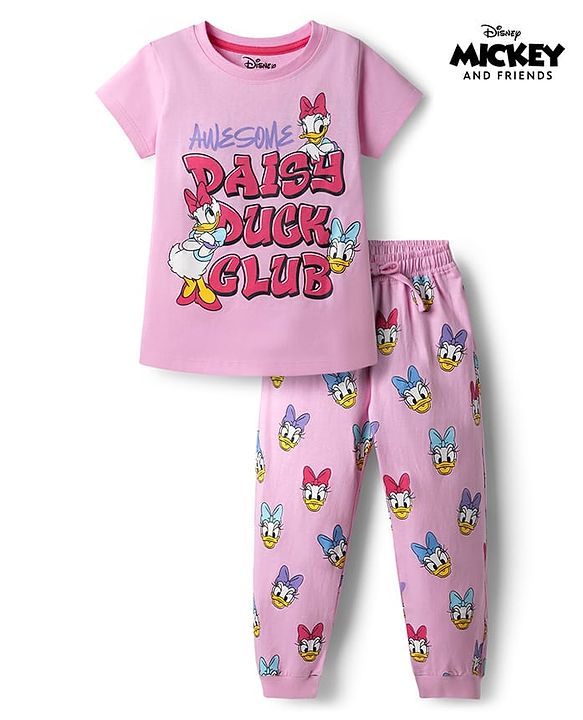 Babyhug Disney Single Jersey Knit Half Sleeves T-Shirt & Pyjama Night Suit with Daisy Duck Graphics - Pink