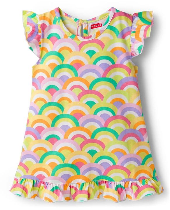 Babyhug Cotton Knit Frill Sleeves Nighty with Rainbow Print - Yellow