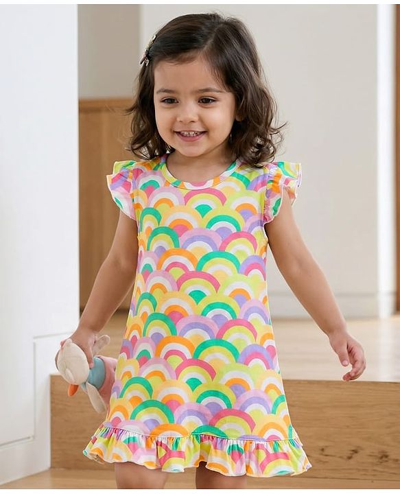 Babyhug Cotton Knit Frill Sleeves Nighty with Rainbow Print - Yellow