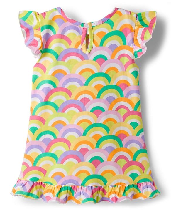 Babyhug Cotton Knit Frill Sleeves Nighty with Rainbow Print - Yellow