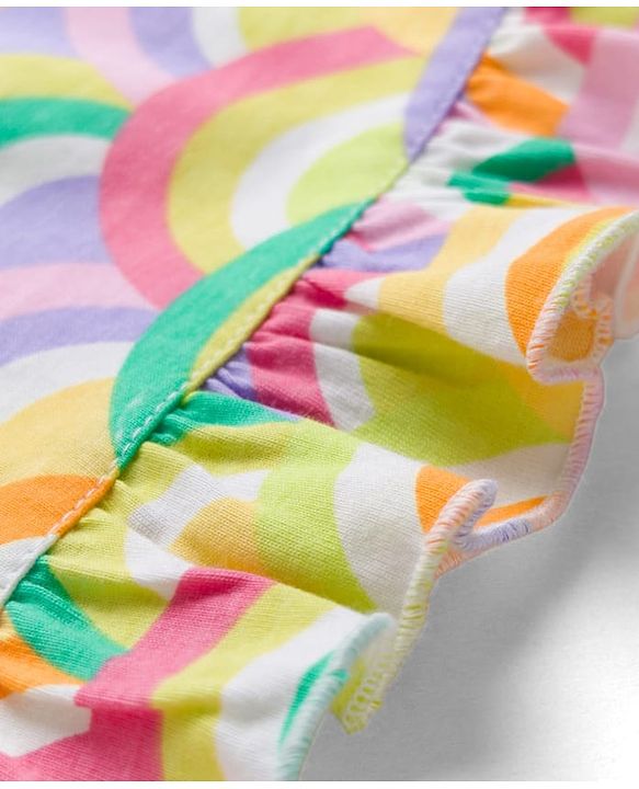 Babyhug Cotton Knit Frill Sleeves Nighty with Rainbow Print - Yellow