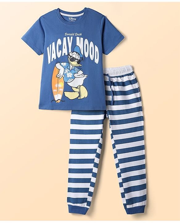 Pine Kids Disney Single Jersey Knit Half Sleeves Donald Duck Printed T-Shirt & Pyjama Night Suit - Multicolour