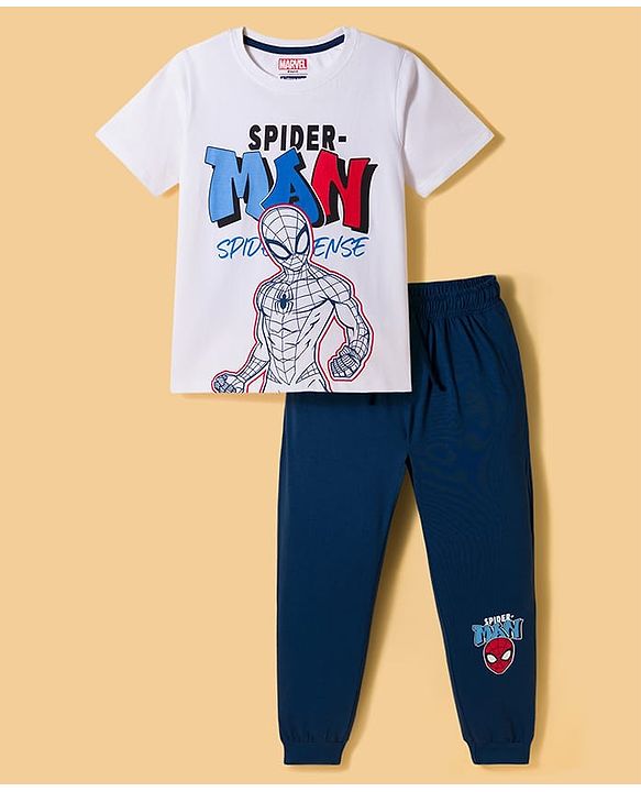 Pine Kids Marvel Single Jersey Knit Half Sleeves T-Shirt & Pyjama Night Suit With Spider Man Graphic - Navy Blue & White