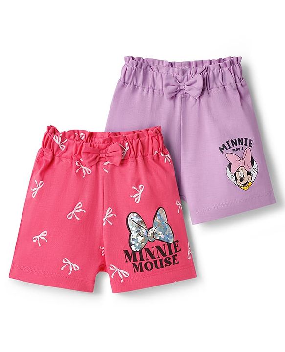 Babyhug Disney Single Jersey Knit Above Knee Length Shorts with Minnie Mouse Graphic & Bow Applique Pack of 2 - Multicolor