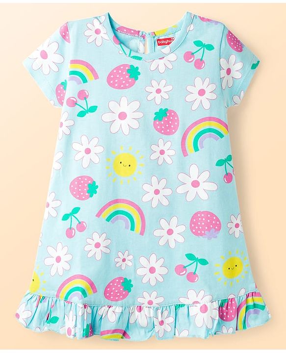 Babyhug Cotton Knit Half Sleeves Nighty With Floral Fruit & Rainbow Print - Light Blue