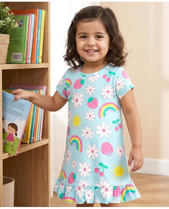 Babyhug Cotton Knit Half Sleeves Nighty With Floral Fruit & Rainbow Print - Light Blue