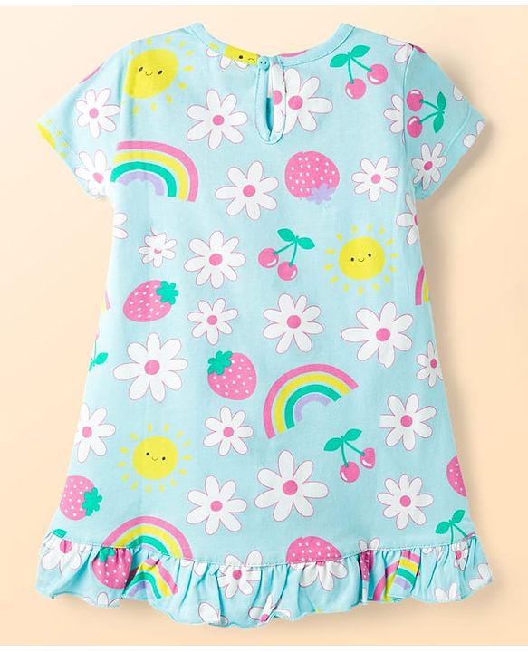 Babyhug Cotton Knit Half Sleeves Nighty With Floral Fruit & Rainbow Print - Light Blue