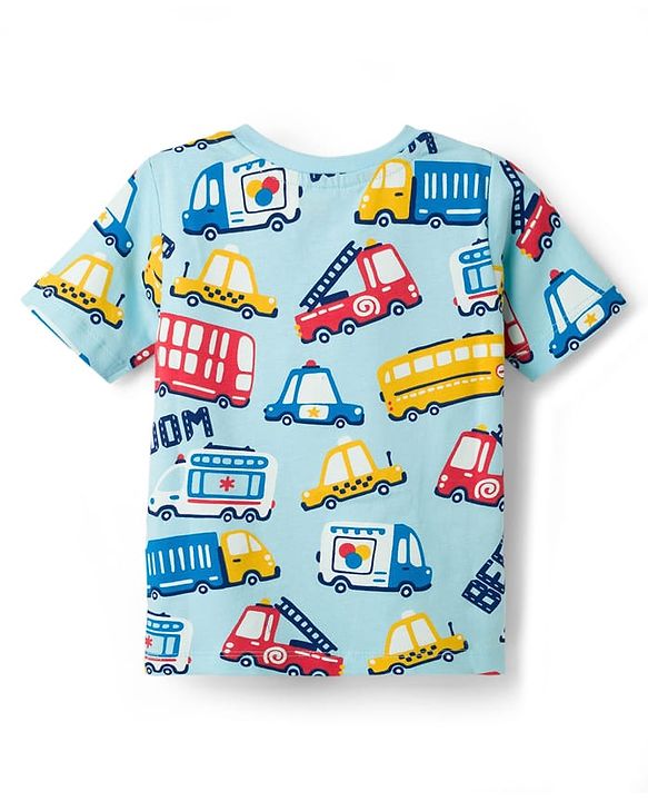 Babyhug Cotton Knit Half Sleeves T-Shirt & Pyjama Co-ord Night Suit With Vehicle Print - Light Blue