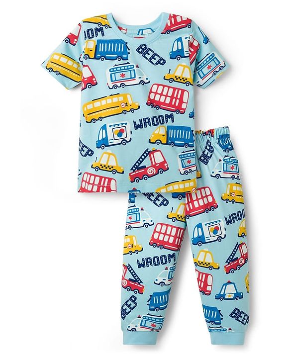 Babyhug Cotton Knit Half Sleeves T-Shirt & Pyjama Co-ord Night Suit With Vehicle Print - Light Blue