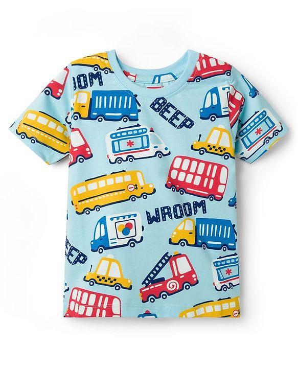 Babyhug Cotton Knit Half Sleeves T-Shirt & Pyjama Co-ord Night Suit With Vehicle Print - Light Blue