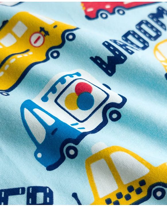 Babyhug Cotton Knit Half Sleeves T-Shirt & Pyjama Co-ord Night Suit With Vehicle Print - Light Blue