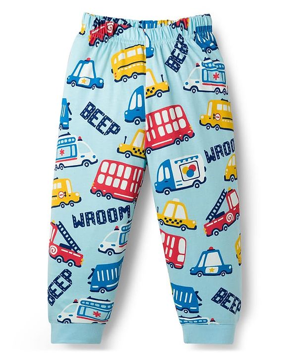 Babyhug Cotton Knit Half Sleeves T-Shirt & Pyjama Co-ord Night Suit With Vehicle Print - Light Blue