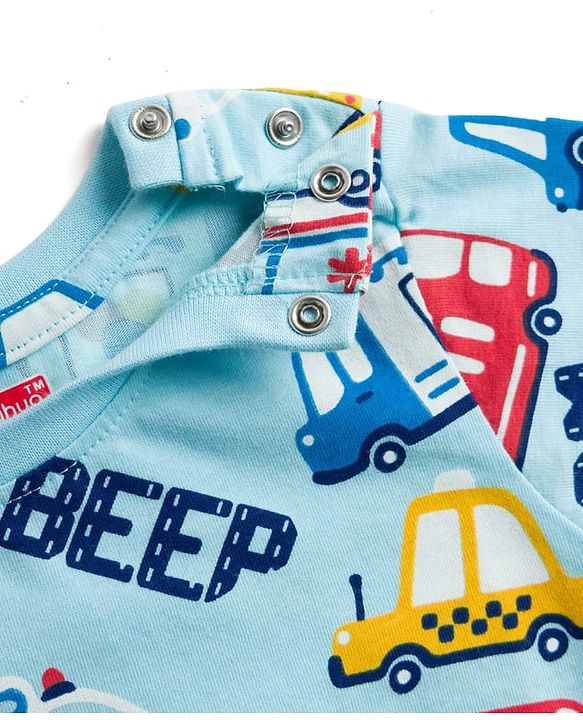 Babyhug Cotton Knit Half Sleeves T-Shirt & Pyjama Co-ord Night Suit With Vehicle Print - Light Blue