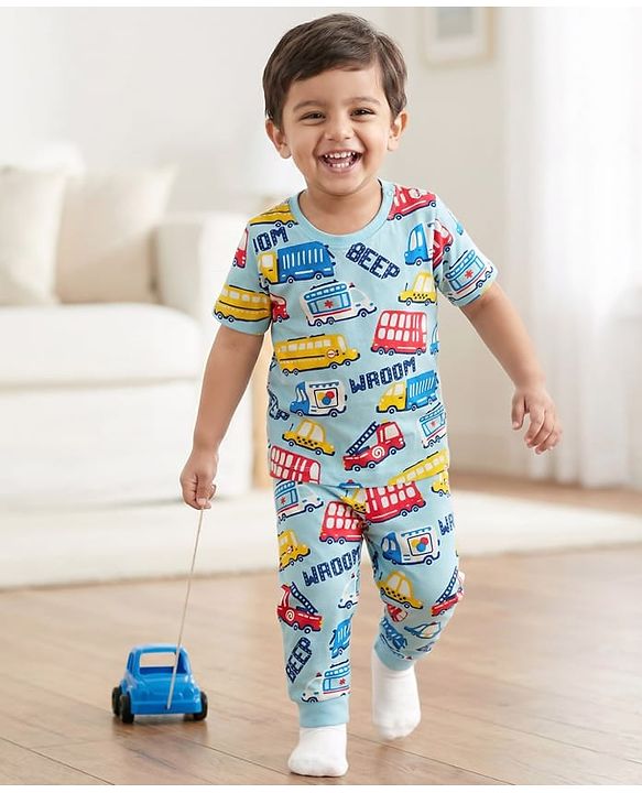 Babyhug Cotton Knit Half Sleeves T-Shirt & Pyjama Co-ord Night Suit With Vehicle Print - Light Blue