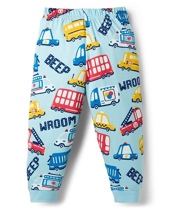 Babyhug Cotton Knit Half Sleeves T-Shirt & Pyjama Co-ord Night Suit With Vehicle Print - Light Blue