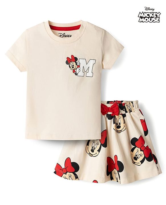 Babyhug Disney Single Jersey Knit Half Sleeves T-Shirt & Skirts Set With Minnie Mouse Graphics- Multicolor