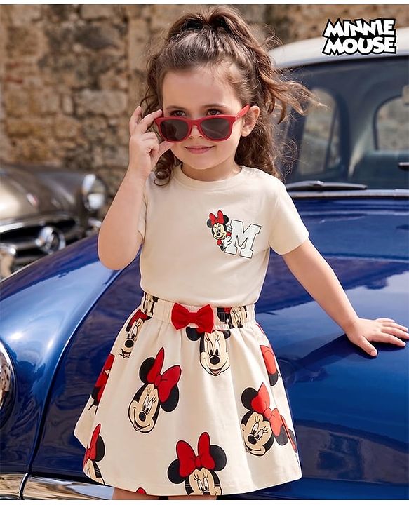 Babyhug Disney Single Jersey Knit Half Sleeves T-Shirt & Skirts Set With Minnie Mouse Graphics- Multicolor