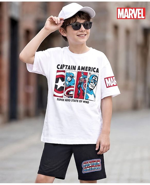 Pine Kids Marvel Single Jersey Knit Half Sleeves T-Shirt & Shorts Set With Avengers Graphics - Multicolor