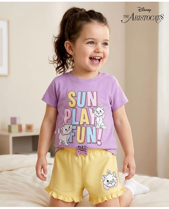Babyhug Disney Single Jersey Knit Half Sleeves T-Shirt & Shorts Set with Marie Graphic - Multicolor