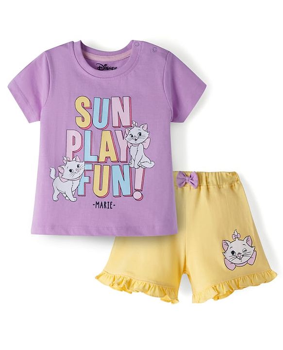 Babyhug Disney Single Jersey Knit Half Sleeves T-Shirt & Shorts Set with Marie Graphic - Multicolor
