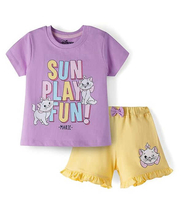Babyhug Disney Single Jersey Knit Half Sleeves T-Shirt & Shorts Set with Marie Graphic - Multicolor