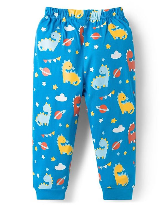 Babyhug Cotton Knit Half Sleeves T-Shirt & Pyjama Night Suit With Dino Print - Blue