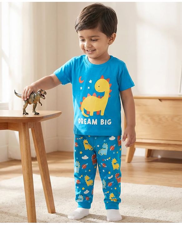 Babyhug Cotton Knit Half Sleeves T-Shirt & Pyjama Night Suit With Dino Print - Blue