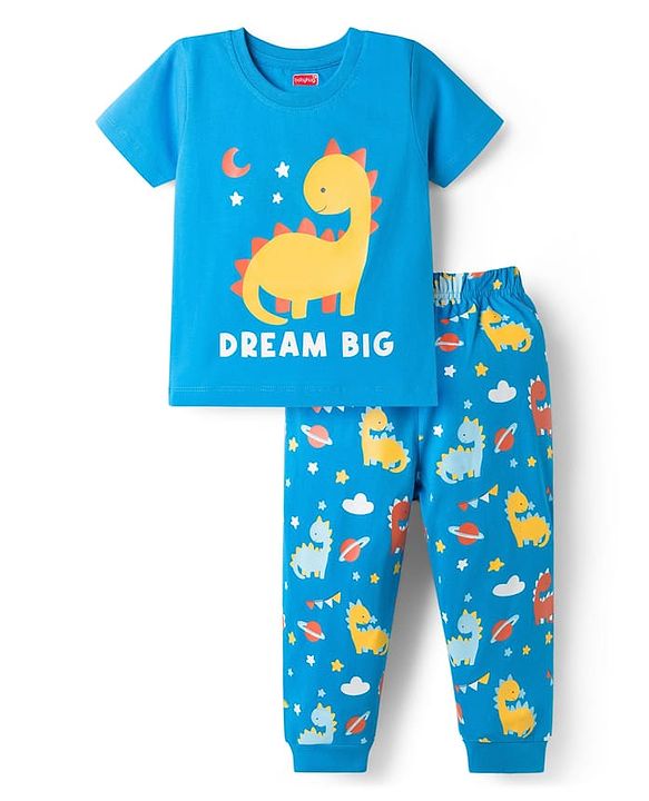 Babyhug Cotton Knit Half Sleeves T-Shirt & Pyjama Night Suit With Dino Print - Blue