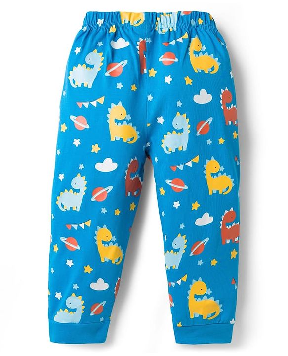Babyhug Cotton Knit Half Sleeves T-Shirt & Pyjama Night Suit With Dino Print - Blue