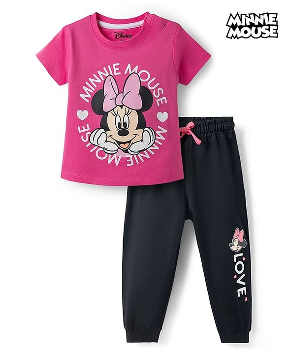 Babyhug Disney 100% Cotton Knit Half Sleeves T-Shirt & Joggers Set With Minnie Mouse Graphic - Multicolor
