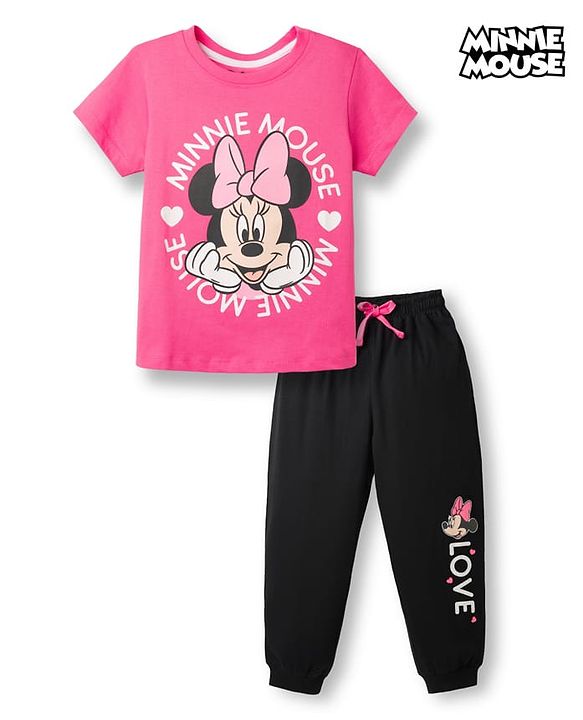 Babyhug Disney 100% Cotton Knit Half Sleeves T-Shirt & Joggers Set With Minnie Mouse Graphic - Multicolor