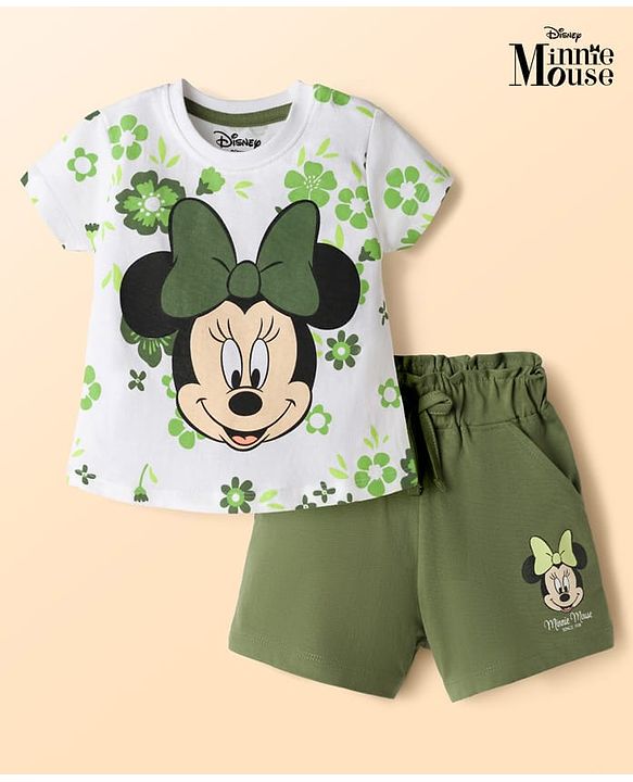 Babyhug Disney Single Jersey Knit Half Sleeves T-Shirt & Shorts Set With Minnie Mouse Graphics - Multicolor
