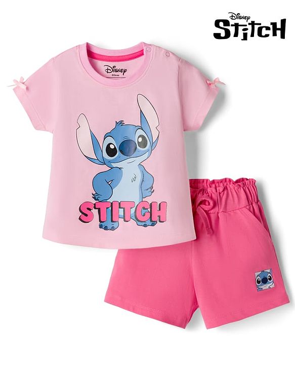 Babyhug Disney Single Jersey Knit Half Sleeves T-Shirt & Shorts Set With Lilo & Stitch Graphics - Multicolor