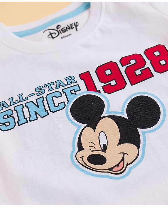 Babyhug Disney 100% Cotton Knit Half Sleeve T-Shirt With Front & Back Mickey Mouse Graphic -white