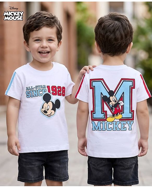 Babyhug Disney 100% Cotton Knit Half Sleeve T-Shirt With Front & Back Mickey Mouse Graphic -white
