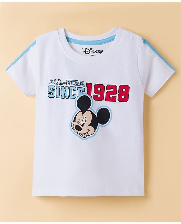 Babyhug Disney 100% Cotton Knit Half Sleeve T-Shirt With Front & Back Mickey Mouse Graphic -white