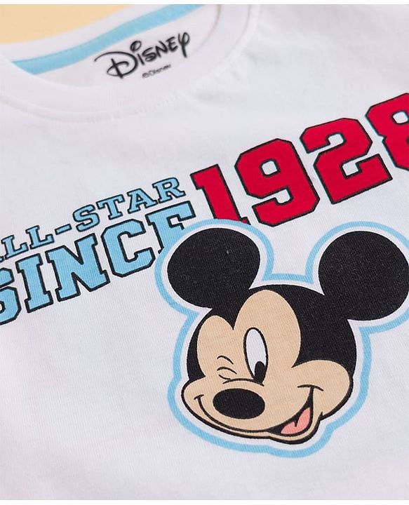 Babyhug Disney 100% Cotton Knit Half Sleeve T-Shirt With Front & Back Mickey Mouse Graphic -white