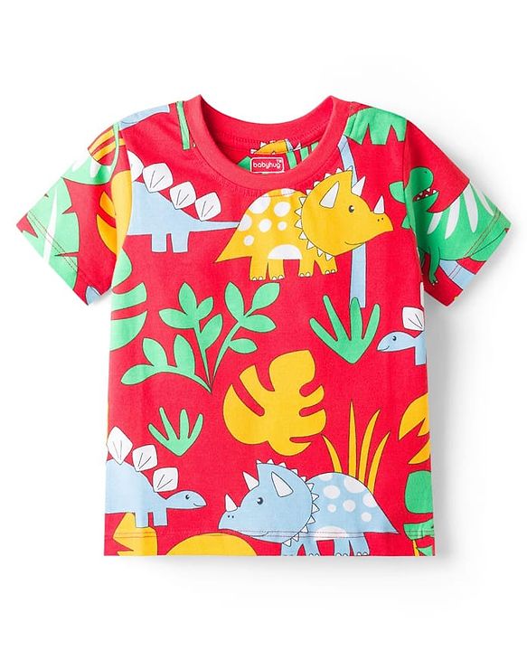 Babyhug Cotton Knit Half Sleeves T-Shirt & Pyjama Co-ord Night Suit With Dino Print - Red