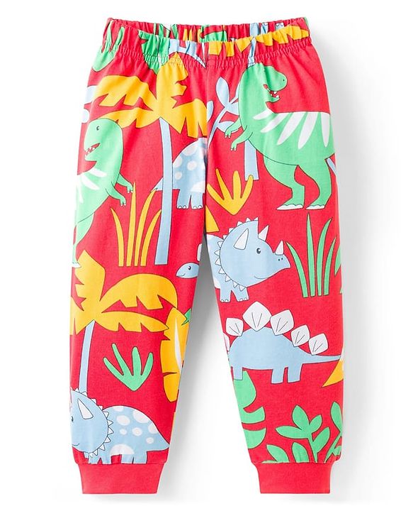 Babyhug Cotton Knit Half Sleeves T-Shirt & Pyjama Co-ord Night Suit With Dino Print - Red
