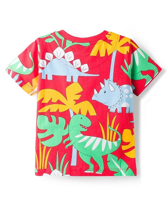 Babyhug Cotton Knit Half Sleeves T-Shirt & Pyjama Co-ord Night Suit With Dino Print - Red