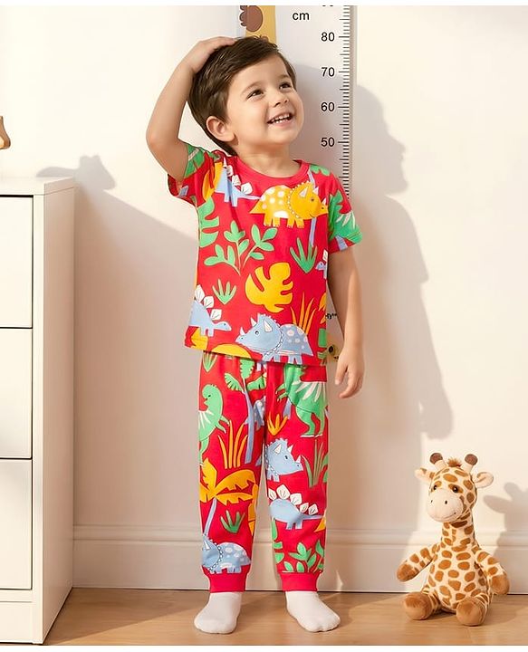 Babyhug Cotton Knit Half Sleeves T-Shirt & Pyjama Co-ord Night Suit With Dino Print - Red