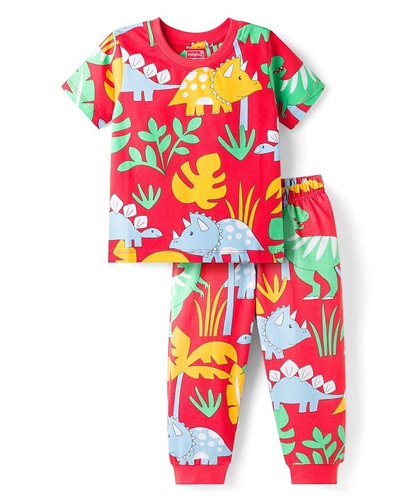 Babyhug Cotton Knit Half Sleeves T-Shirt & Pyjama Co-ord Night Suit With Dino Print - Red