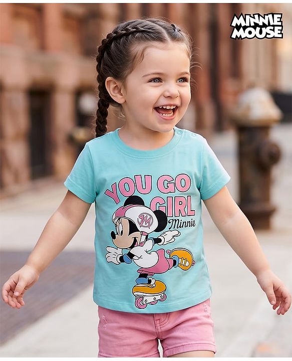 Babyhug Disney Single Jersey Knit Half Sleeves T-Shirt With Minnie Mouse Graphics - Sky Blue