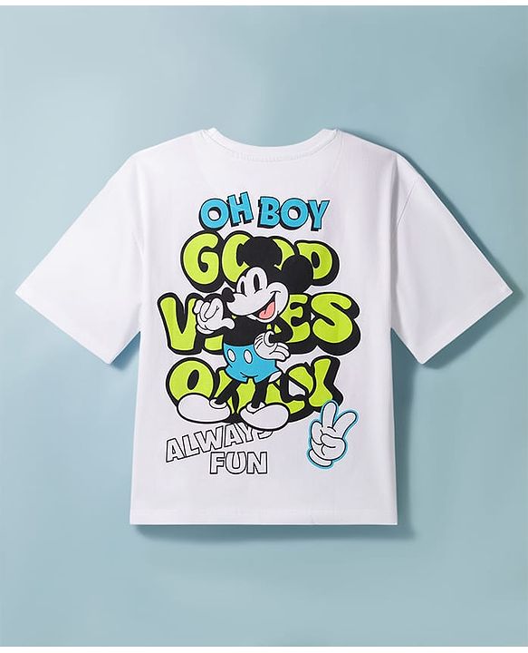 Pine Kids Disney Single Jersey Knit Half Sleeves T-Shirt With Front & Back Mickey Mouse Graphics - White