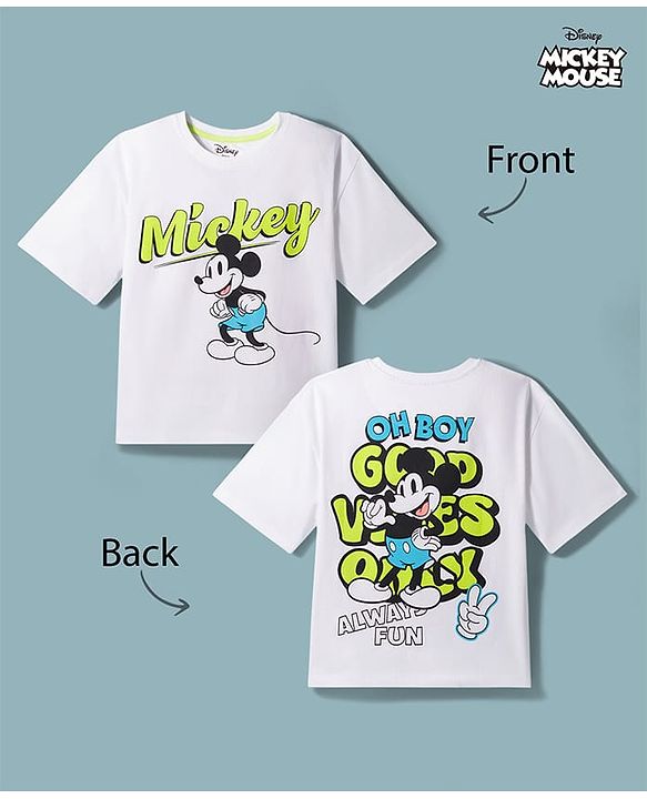 Pine Kids Disney Single Jersey Knit Half Sleeves T-Shirt With Front & Back Mickey Mouse Graphics - White