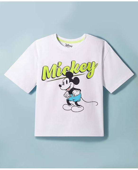 Pine Kids Disney Single Jersey Knit Half Sleeves T-Shirt With Front & Back Mickey Mouse Graphics - White