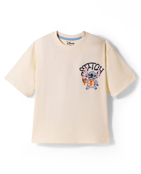 Pine Kids Disney Single Jersey Knit Half Sleeves T-Shirt with Front & Back Stitch Graphic - Beige