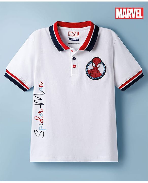 Pine Kids Marvel Single Jersey Knit Half Sleeves Polo T-Shirt with Spiderman Patch - White